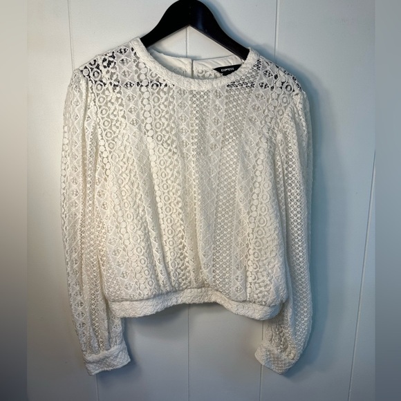 Express Women’s Size Large White Crocheted Victorian Style Blouse - Picture 3 of 13